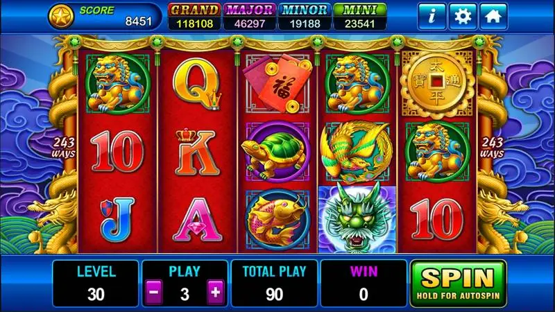 Dragons Legend red reels with foo dogs, turtle, carp, phoenix and a green dragon, 243 ways, level 30