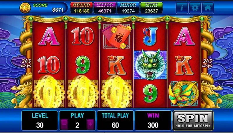 Stacked gold coins on reels one to three with a green dragon on reel four, win 300
