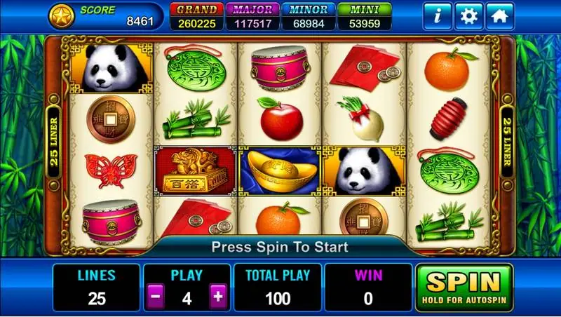 Fortune Panda 5x4 reels with pandas, drums, jade, oranges, gold ingot and a golden seal wild, 25 lines