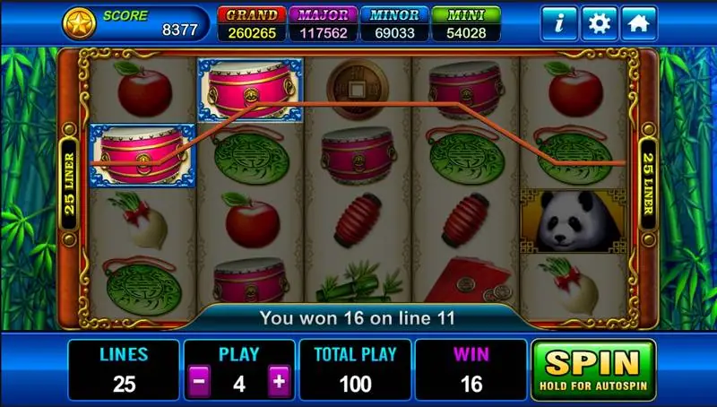 Three drums on line 11 across reels one to three, 'You won 16 on line 11'