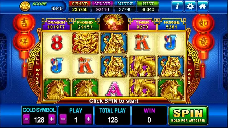 Fortune Tree reels with gold dragon, tigers, phoenixes and horses, counters for Dragon, Phoenix, Tiger and Horse above
