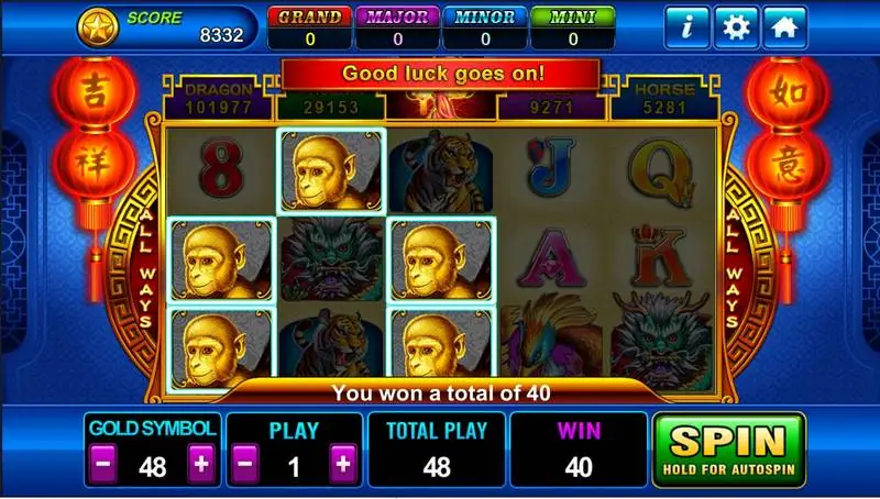 Five gold monkeys connected across reels one to three, 'Good luck goes on!' banner, win 40