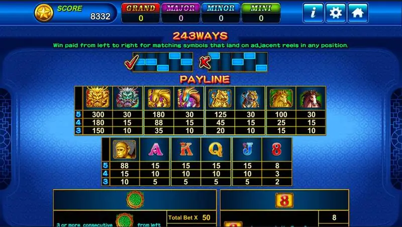 Fortune Tree 243 Ways rules and paytable with gold and plain animal columns