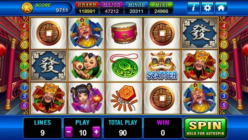 God of Wealth 2 reels on white tiles with Caishen, fortune boy, lion dance scatter and blue Fa symbols, jackpot bar above