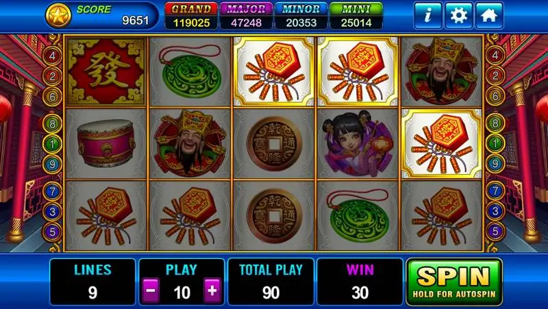 Firecrackers highlighted on reels one, three and four with Caishen and jade symbols, win 30