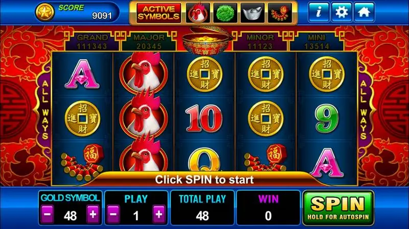Golden Rooster reels with a stacked rooster on reel two, gold coins and firecrackers, jackpot boxes above