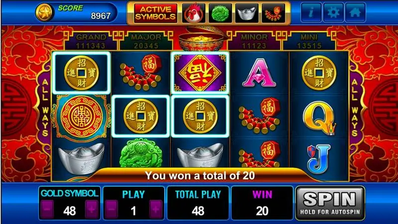 Three gold coins and a 福 tile highlighted across reels one to three, win 20