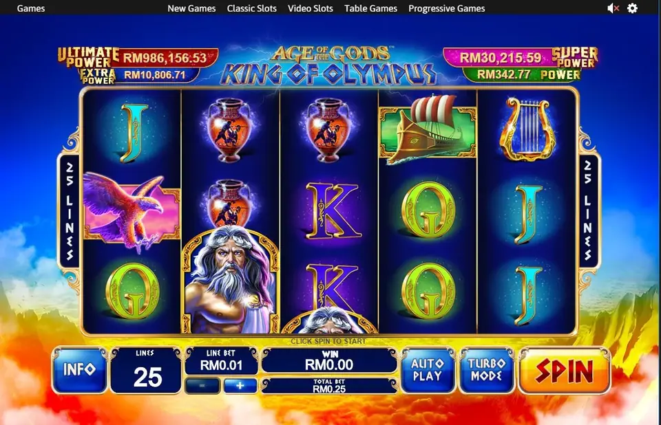 Gulungan King of Olympus di Rollex11 saat diam dengan Zeus di gulungan 2, vas, dan kapal dayung