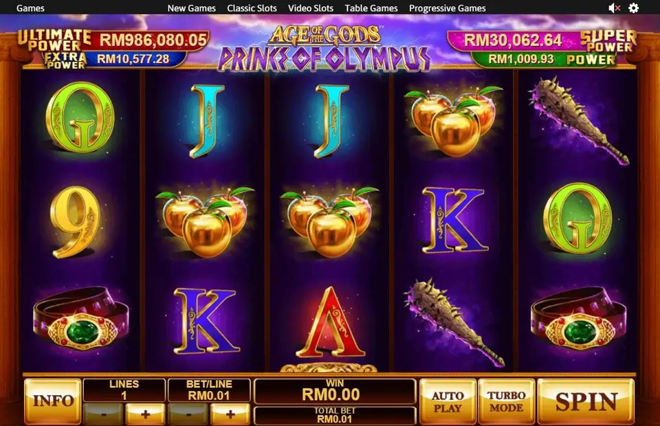 Prince of Olympus on Rollex11 at rest with golden apples, a spiked club and belts on the reels
