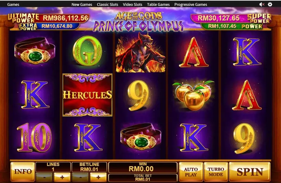 Prince of Olympus reels on Rollex11 with a Hercules logo symbol, a three-headed dog, golden apples and a jewelled belt, with four jackpot boxes above