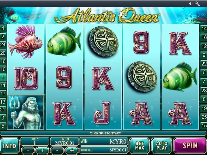 Atlantis Queen reels on Rollex11 with a stone disc, green fish and sea god at one line