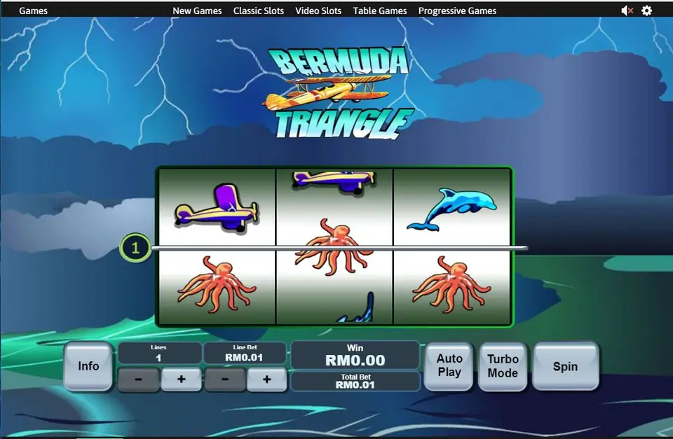 Bermuda Triangle on Rollex11 with a biplane on reel 1 and two octopuses on the line