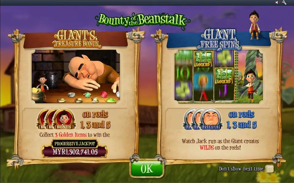 Bounty of the Beanstalk features screen on Rollex11 showing Giant's Treasure Bonus and Giant Free Spins, each triggered on reels 1, 3 and 5
