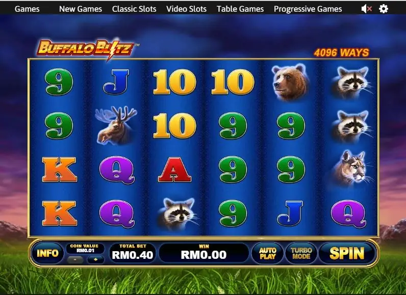 Buffalo Blitz base game on Rollex11 with a bear, moose, raccoons and a cougar among card symbols