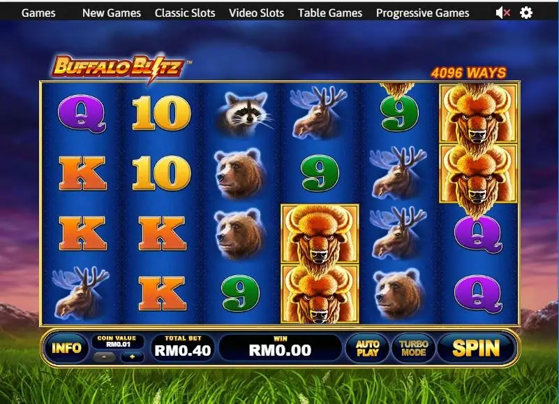 Buffalo Blitz on Rollex11 with stacked buffalo on reels 4 and 6, bears, moose and a raccoon on a 6x4 grid marked 4096 ways