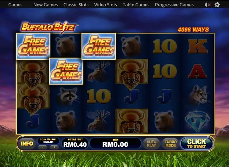 Buffalo Blitz on Rollex11 with three Free Games scatters on reels 1 to 3 and a Click to start button