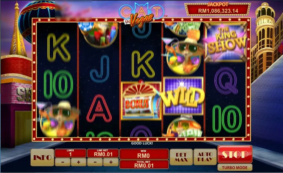 Cat in Vegas reels spinning on Rollex11 with Bonus and Wild tiles landing on reels 3 and 4
