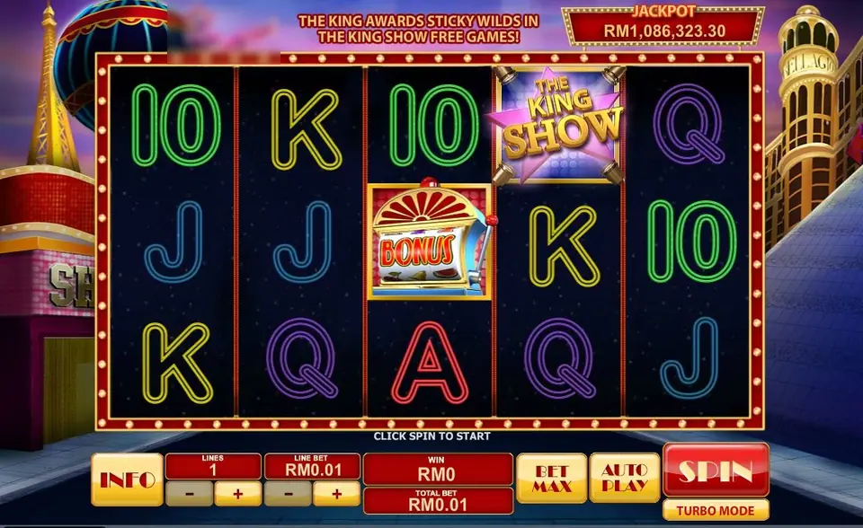Cat in Vegas on Rollex11 with The King Show and Bonus symbols on the reels and the sticky wilds banner