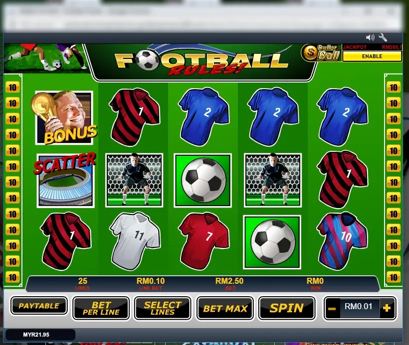 Football Rules reels on Rollex11 with red, blue, white and striped jerseys, a goalkeeper, footballs, a Bonus trophy symbol and a Scatter stadium