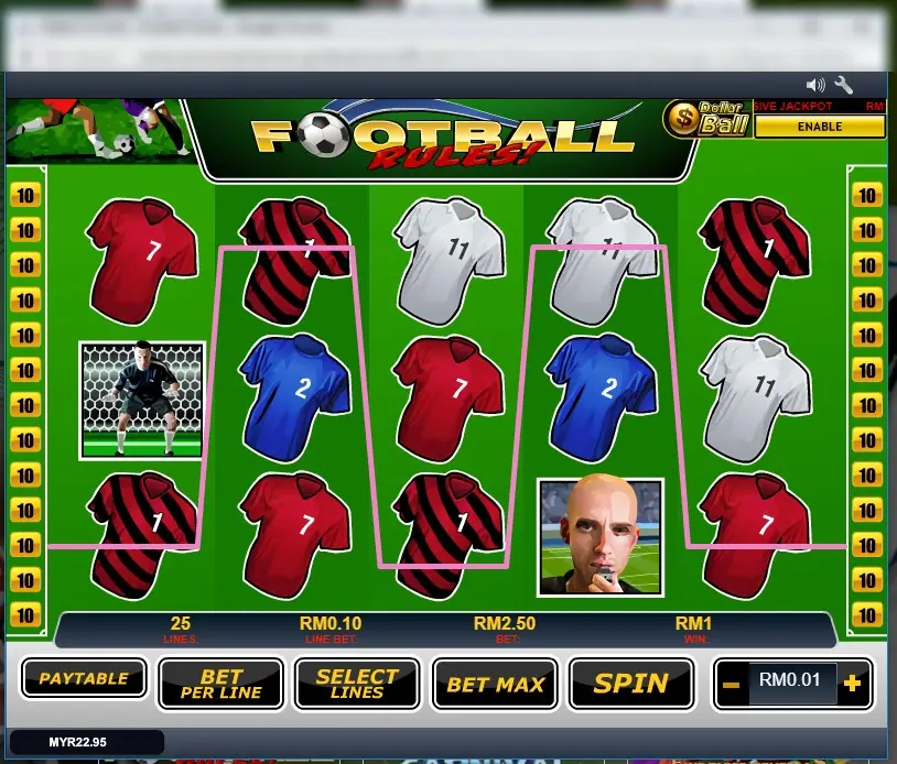 Football Rules on Rollex11 with a winning line through striped and white shirts, 25 lines at RM2.50
