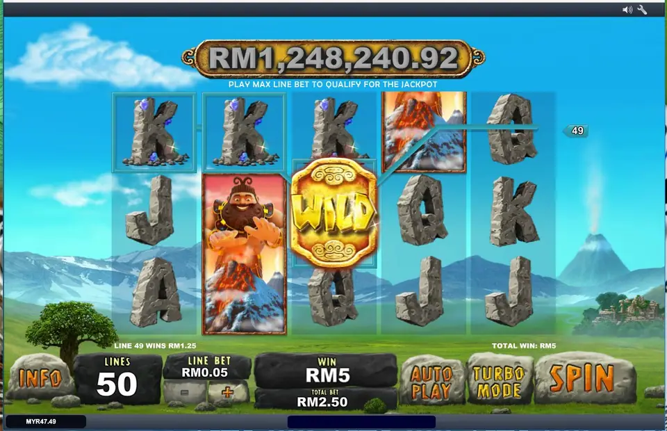 Jackpot Giant reels on Rollex11 with a wild on reel 3, the giant on reel 2, a winning line 49 and the RM jackpot box on top