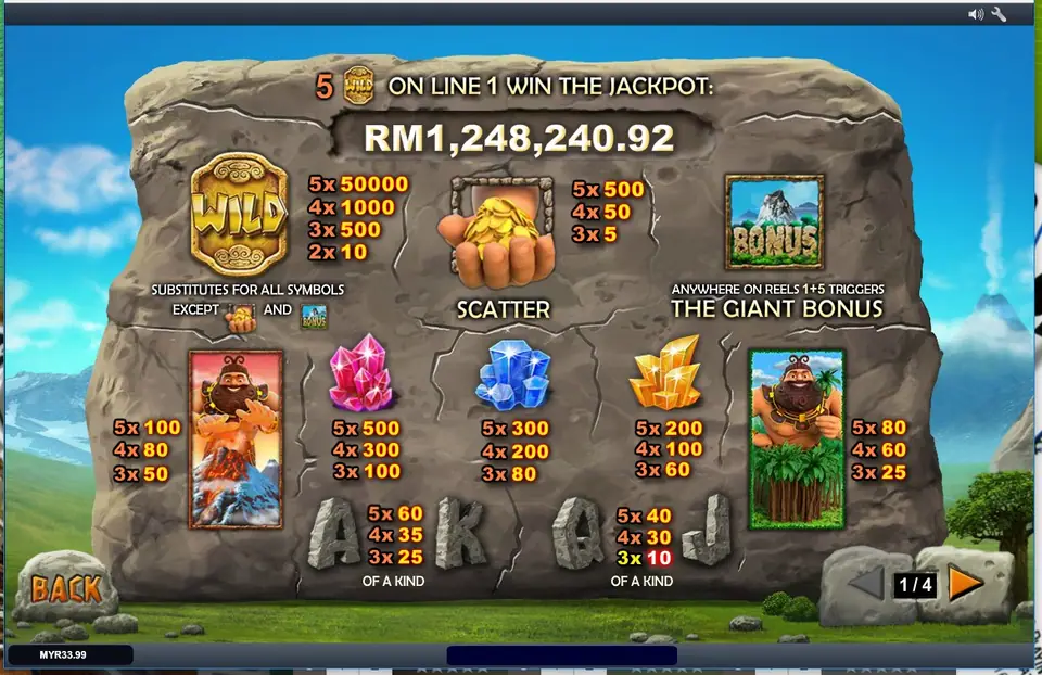 Jackpot Giant paytable page 1 on Rollex11 listing wild, scatter, bonus and crystal payouts