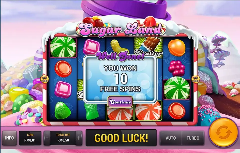Sugar Land di Rollex11 menampilkan pesan You won 10 free spins setelah tiga scatter