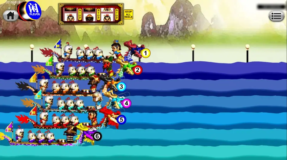 Six cartoon dragon boats numbered 1 to 6 racing on a river