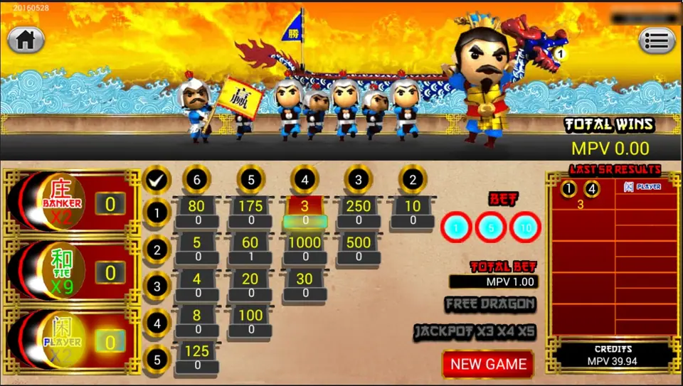 3 Kingdom Dragon Boat board after a round, the 1-4 cell highlighted and results showing 1, 4 and Player