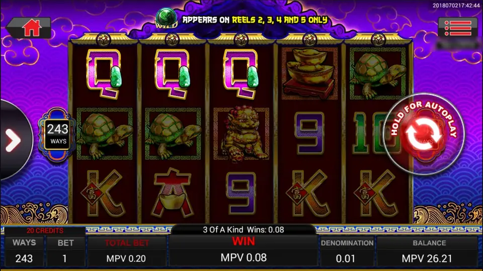 A 5 Fortune Dragons spin showing a 3 of a kind win of 0.08