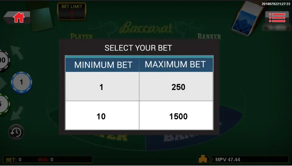 9 Baccarat limit selection screen with 1-250 and 10-1500 tables