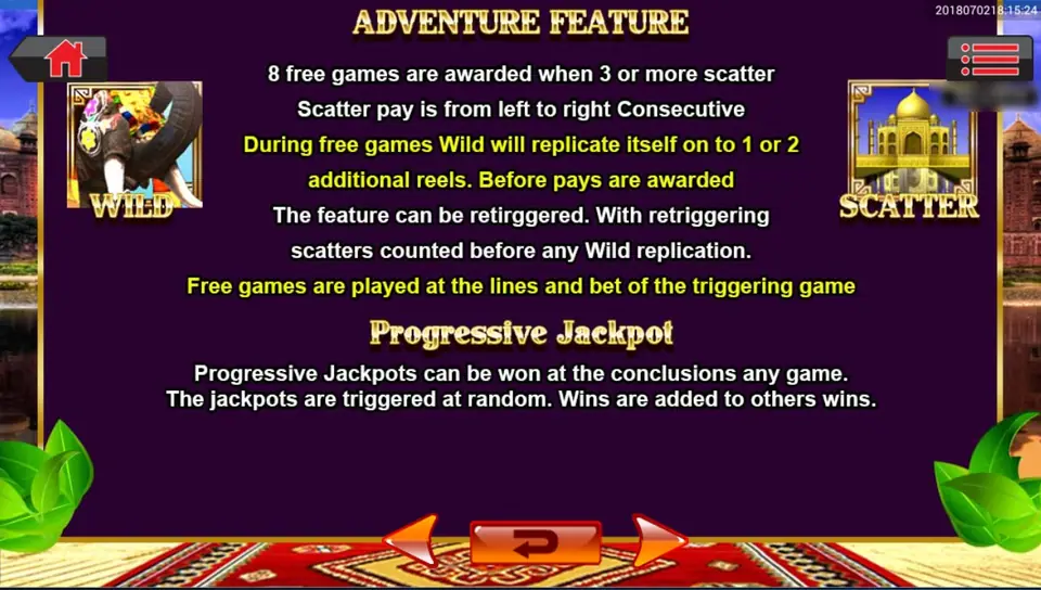 Layar aturan Adventure Feature dan Progressive Jackpot