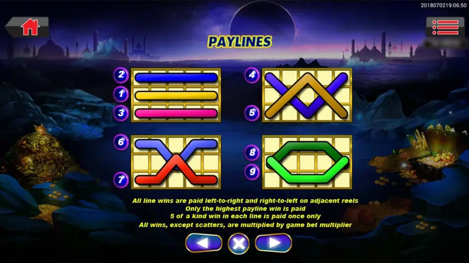 Ali Baba paylines screen showing nine lines and the both-ways rules