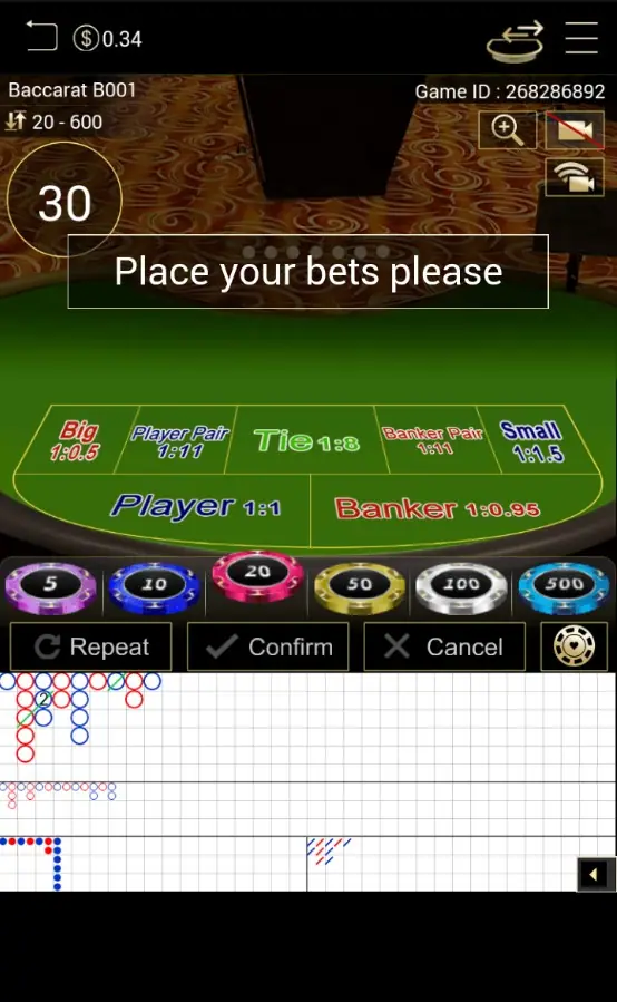 All Bet live baccarat table with Place your bets please, odds strip and chip rack