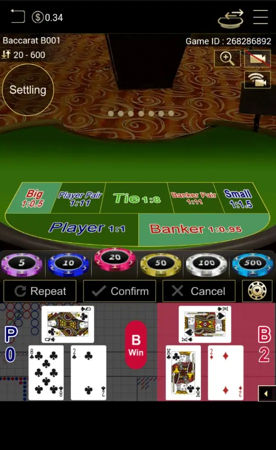 All Bet round result with Banker winning 2 to 0