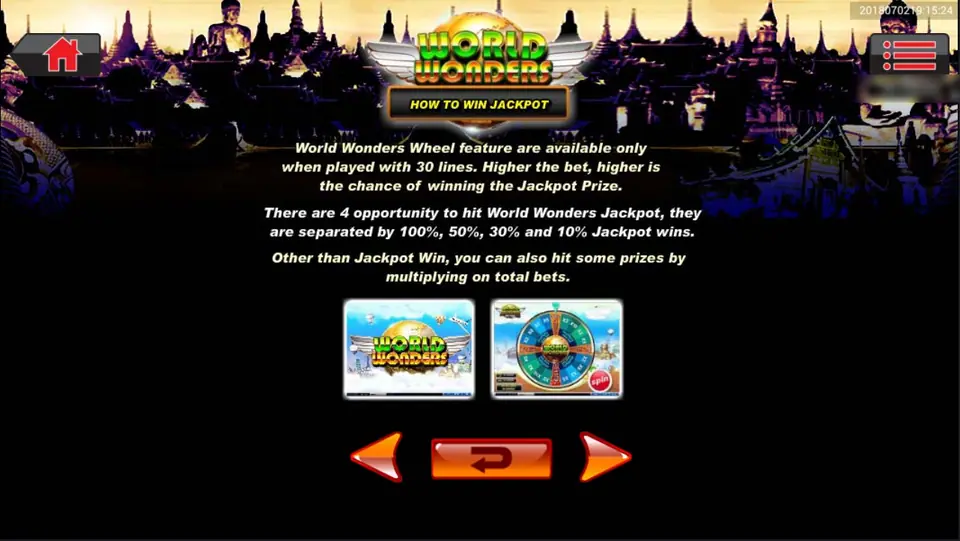World Wonders jackpot rules with the wheel and 30-line requirement