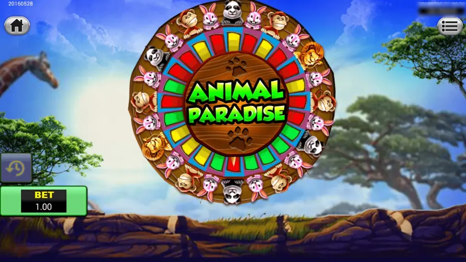 Animal Paradise wheel with animal faces on the rim and red, green and yellow segments