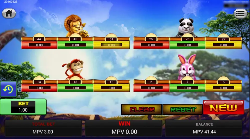 Animal Paradise board with odds above each box and 1.00 placed on each monkey colour