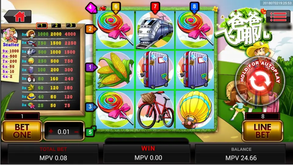 Ba Ba Fei Na Er base game with a train, suitcases, corn, lollipops, a bicycle and a balloon