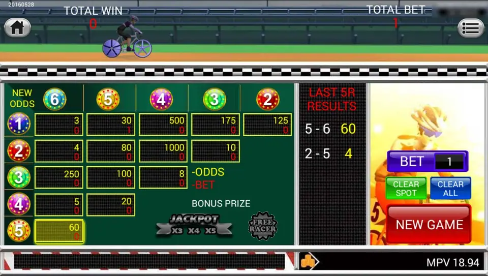Bicycle Race board after a round with results 5-6 at 60 and 2-5 at 4