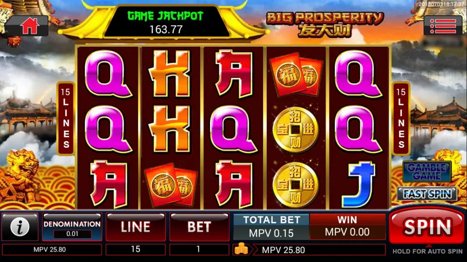 Big Prosperity reels on SKY777 with Q, K and 9 symbols, red envelopes and gold coins, a Game Jackpot meter and 15 lines