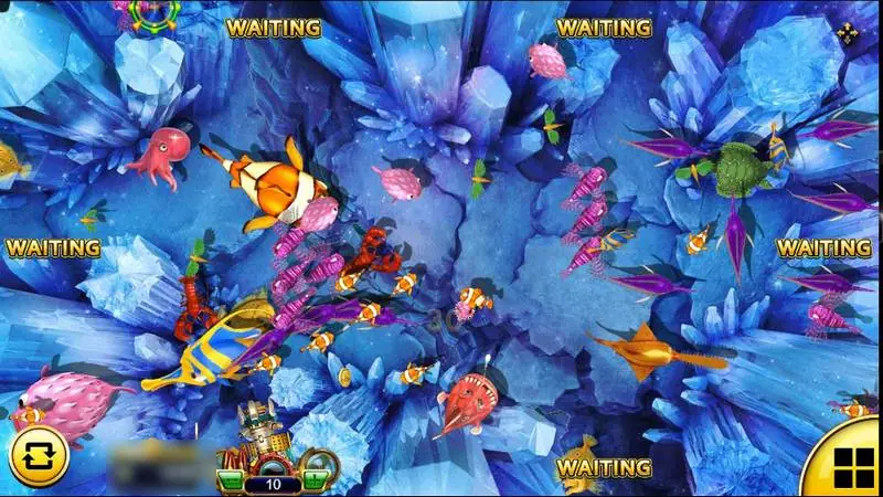 Fish Hunter Monster Awaken table with lionfish, lobsters and pufferfish swimming past the player's cannon and Waiting labels at the empty seats