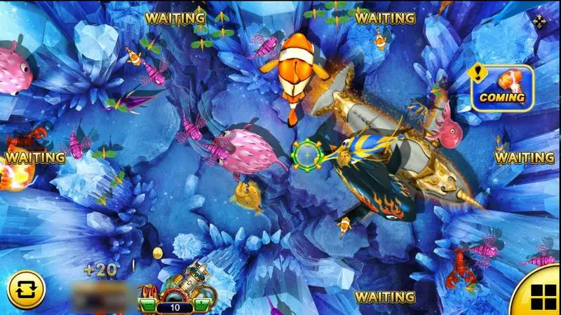 Fish Hunter Monster Awaken table over a blue crystal cave with clownfish, pufferfish, lobsters and a large armoured whale, a target reticle and a Coming alert at the right