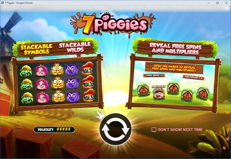 7 Piggies intro screen showing Stackable Symbols, Stackable Wilds, and barns to open for free spins and multipliers