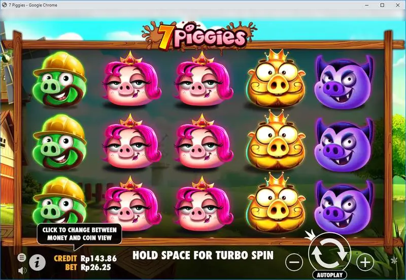 7 Piggies reels filled with stacked green hard-hat pigs, pink princess pigs, gold king pigs and purple vampire pigs, credit and bet boxes below
