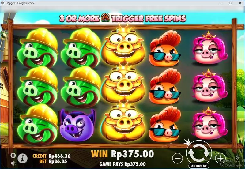 Full reels of green, gold, orange and pink pigs paying Rp375.00, with the banner 3 or more barns trigger free spins