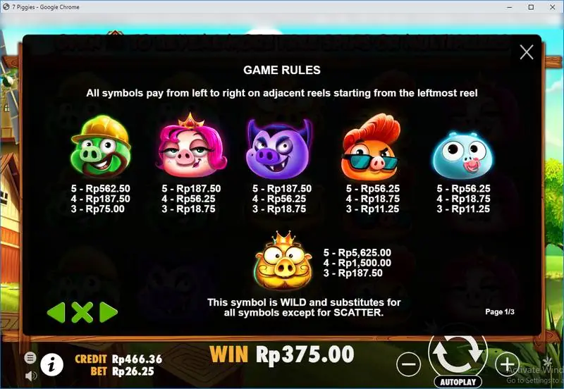 Game rules page with pay values for each pig at a Rp26.25 bet and the gold king pig marked as wild