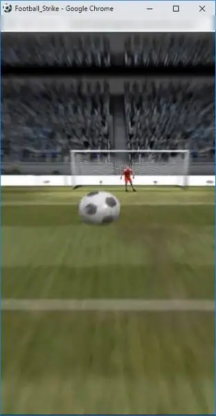 Animated penalty kick from behind the ball, with the goalkeeper in red on the goal line