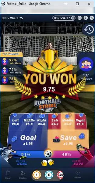 You Won banner of 9.75 after a bet of 5 on Save