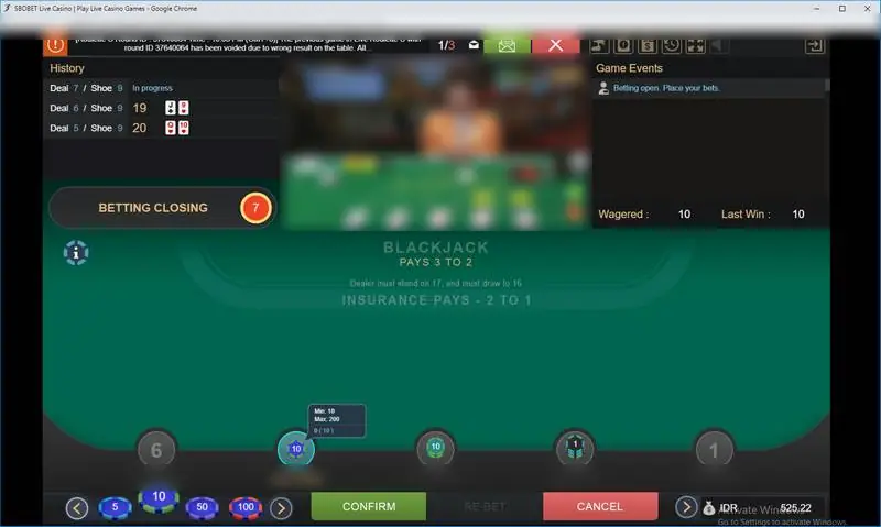 Blackjack table while betting closes, with a status pill reading Betting Closing and a countdown of 7, and a seat tooltip showing Min 10 and Max 200